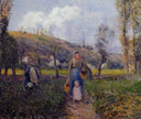 Peasant Woman and Child Harvesting the Fields, Pontoise by Camille Pissarro — vintage oil painting wall art, Impressionism