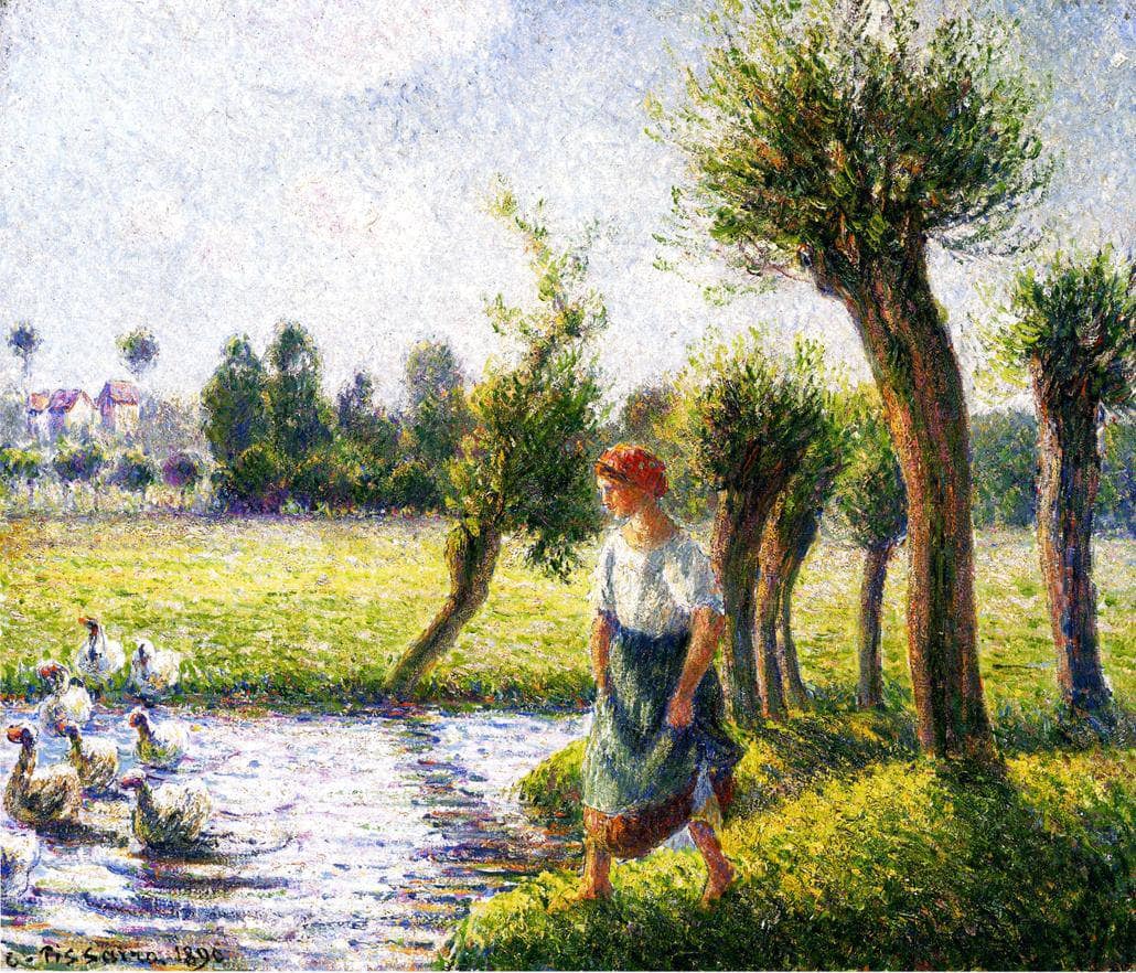 Peasant Woman Watching the Geese by Camille Pissarro — hand-painted botanical oil painting reproduction on canvas