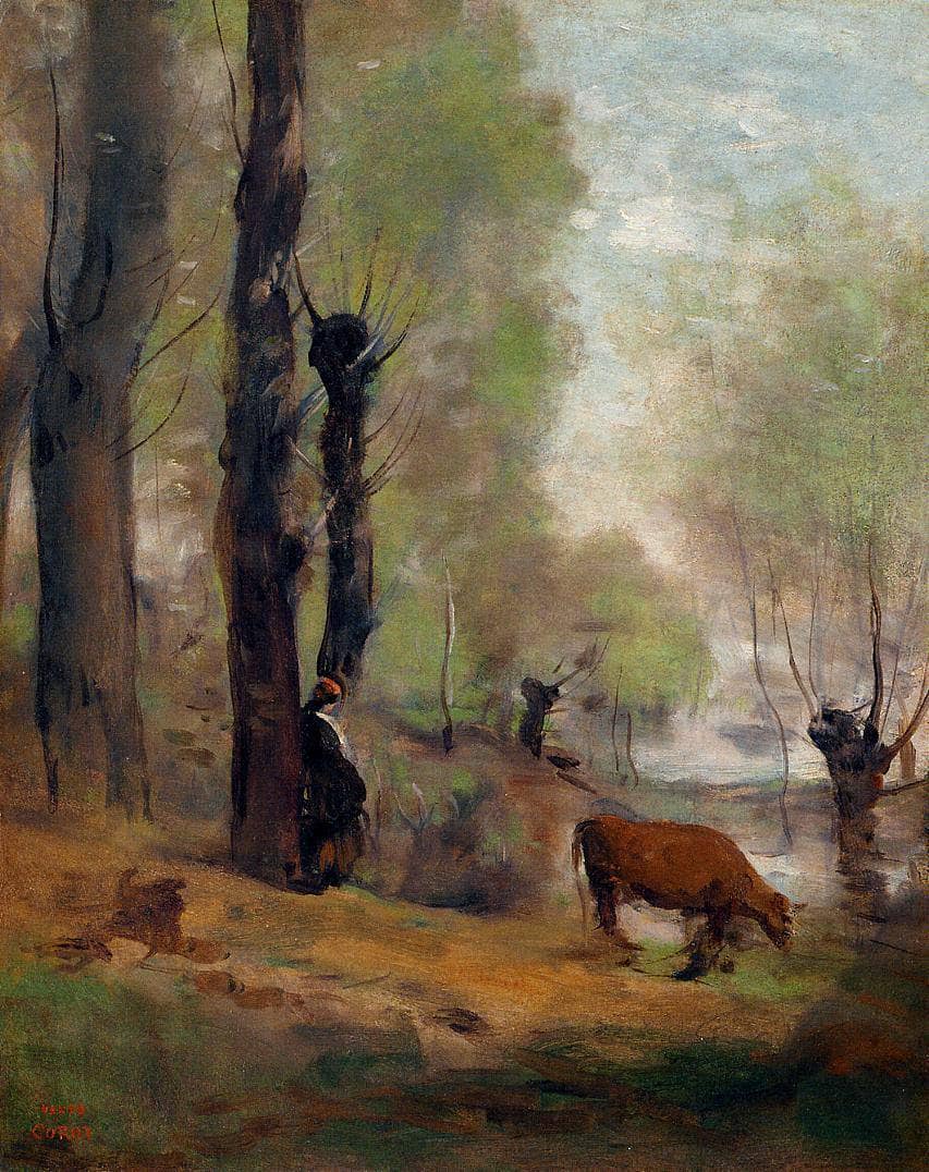 Peasant Woman Watering Her Cow by Camille Corot — hand-painted animal oil painting reproduction on canvas