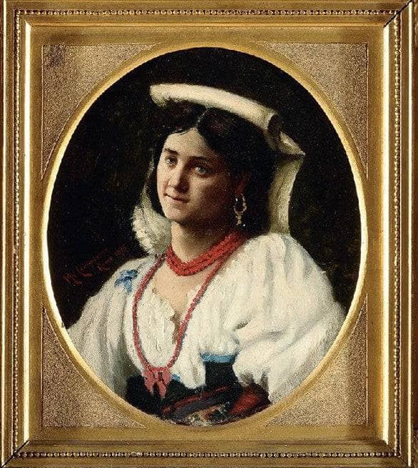 Peasant woman with coral necklace by Michele Cammarano — hand-painted portrait oil painting reproduction on canvas