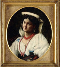 Peasant woman with coral necklace by Michele Cammarano — hand-painted portrait oil painting reproduction on canvas