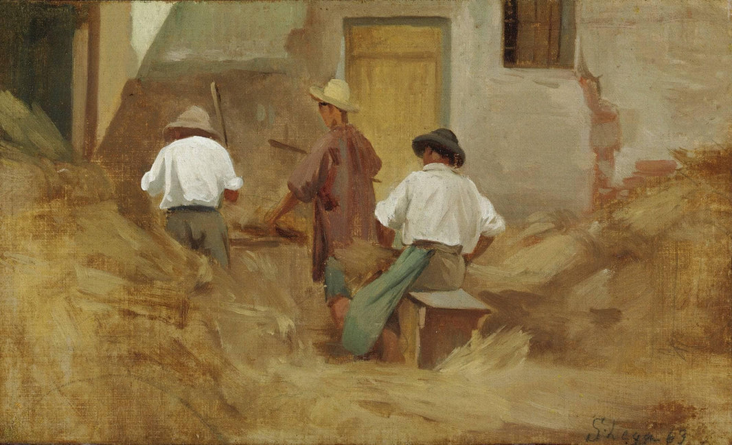 Peasants beating hay by Silvestro Lega — hand-painted architectural oil painting reproduction on canvas