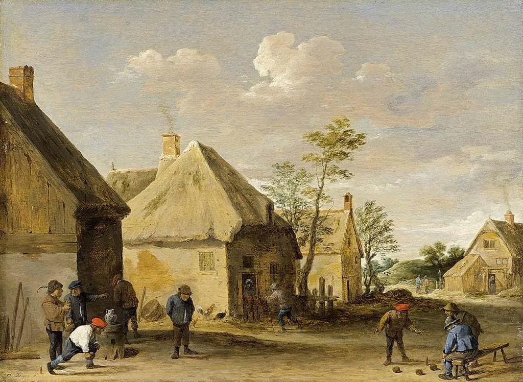 Peasants Bowling in a Village Street by David Teniers the Younger — hand-painted architectural oil painting reproduction on canvas