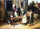 Peasants busy preparing hemp in front of a cottage door in living room