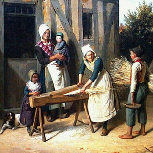 Peasants busy preparing hemp in front of a cottage door