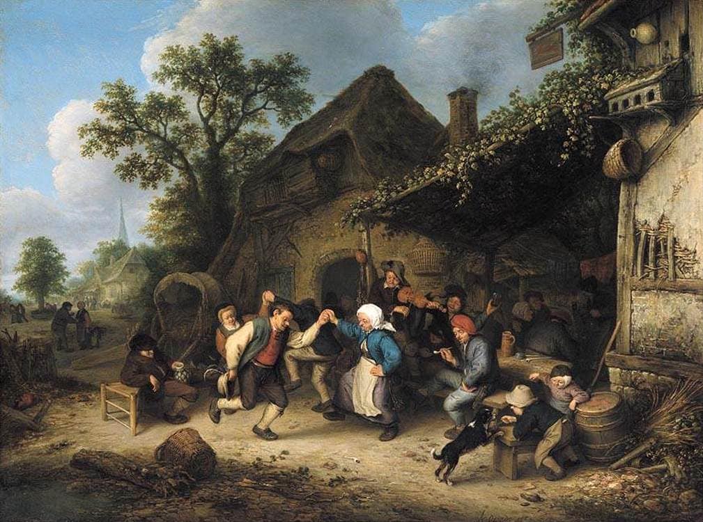 Peasants Carousing and Dancing outside an Inn by Adriaen van Ostade — hand-painted landscape oil painting reproduction on canvas