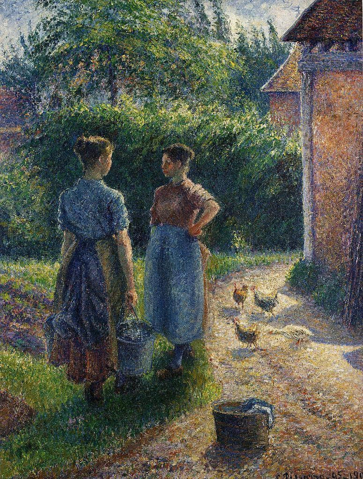 Peasants Chatting in the Farmyard, Eragny by Camille Pissarro — hand-painted landscape oil painting reproduction on canvas