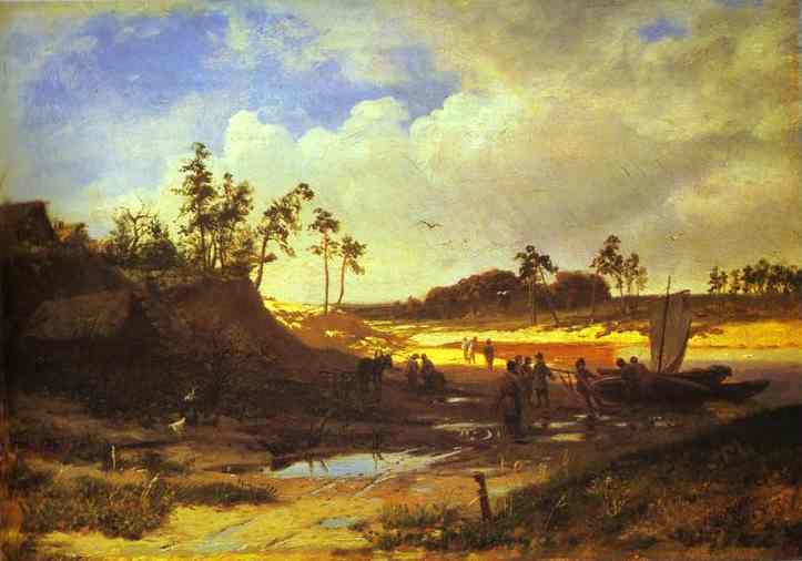 Peasants with a Boat on a Sandy Beach by Fyodor Vasilyev — hand-painted landscape oil painting reproduction on canvas