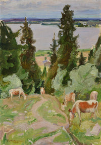 Lehmiä Väisälänmäellä by Pekka Halonen — hand-painted landscape oil painting reproduction on canvas