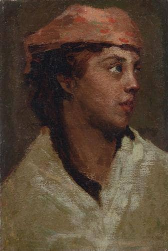 Head with white shawl in dining room