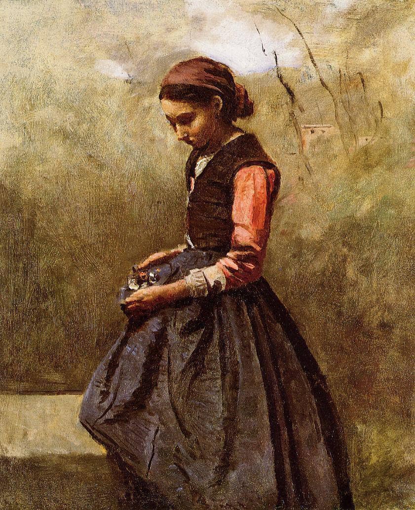 Pensive Young Woman by Camille Corot — hand-painted portrait oil painting reproduction on canvas
