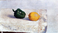 Pepper and Lemon on a White Tablecloth by Odilon Redon — hand-painted botanical oil painting reproduction on canvas