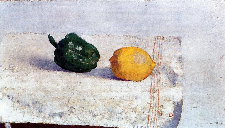 Pepper and Lemon on a White Tablecloth by Odilon Redon — hand-painted botanical oil painting reproduction on canvas