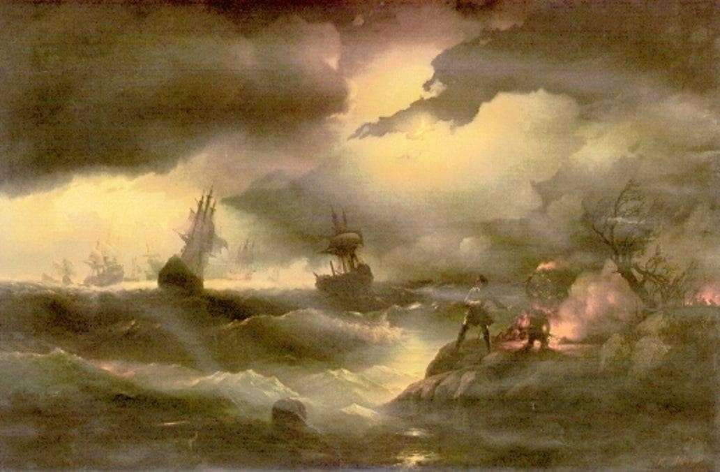 Peter the First to light out a watch fire by Ivan Aivazovsky — hand-painted landscape oil painting reproduction on canvas
