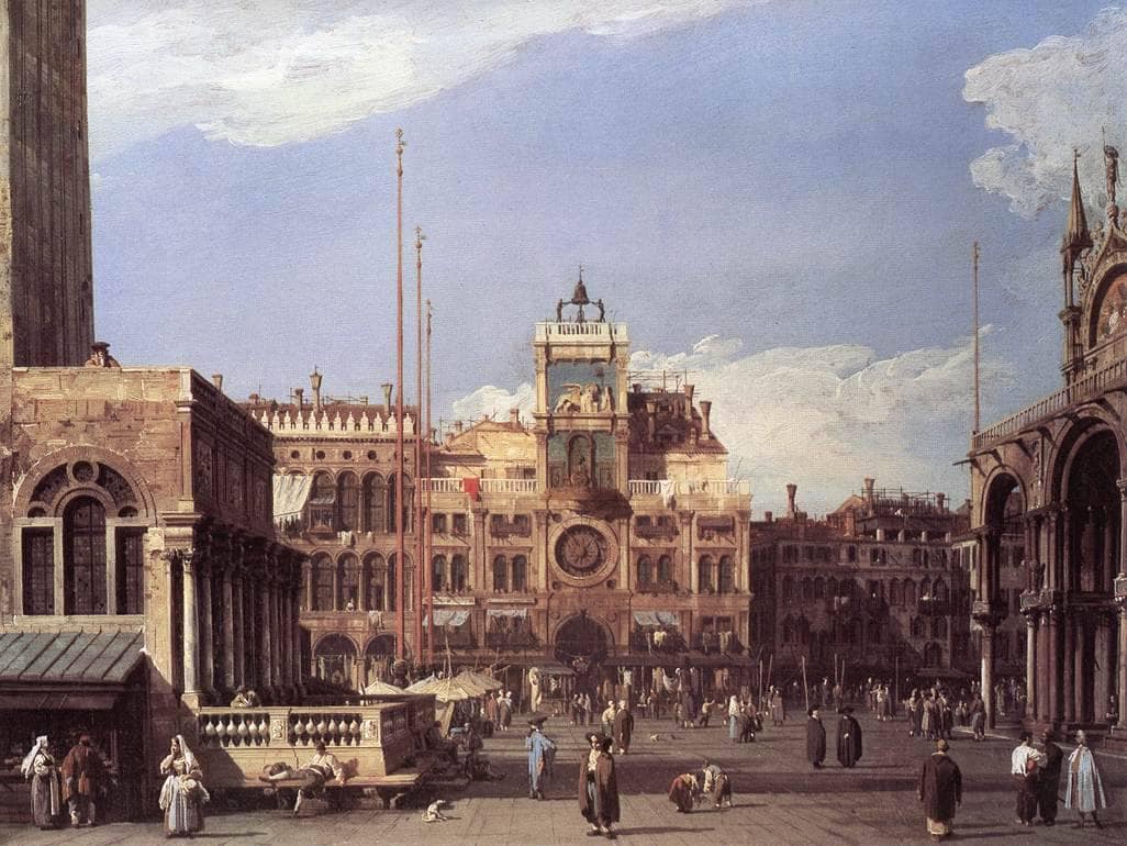 Piazza San Marco, the Clocktower by Canaletto — hand-painted architectural oil painting reproduction on canvas