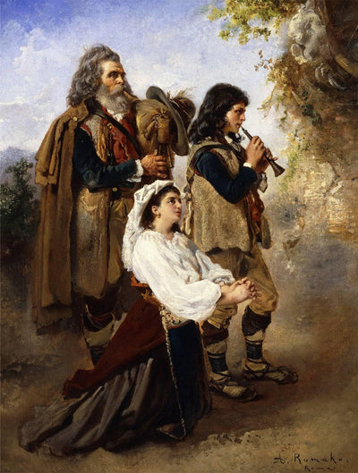 Pifferari in front of an altar in study