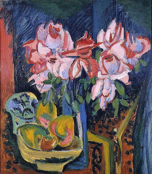Pink Roses by Ernst Ludwig Kirchner — hand-painted botanical oil painting reproduction on canvas