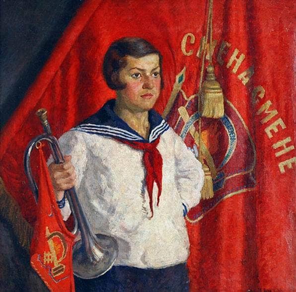 Pioneer with a horn by Ilya Mashkov — hand-painted portrait oil painting reproduction on canvas