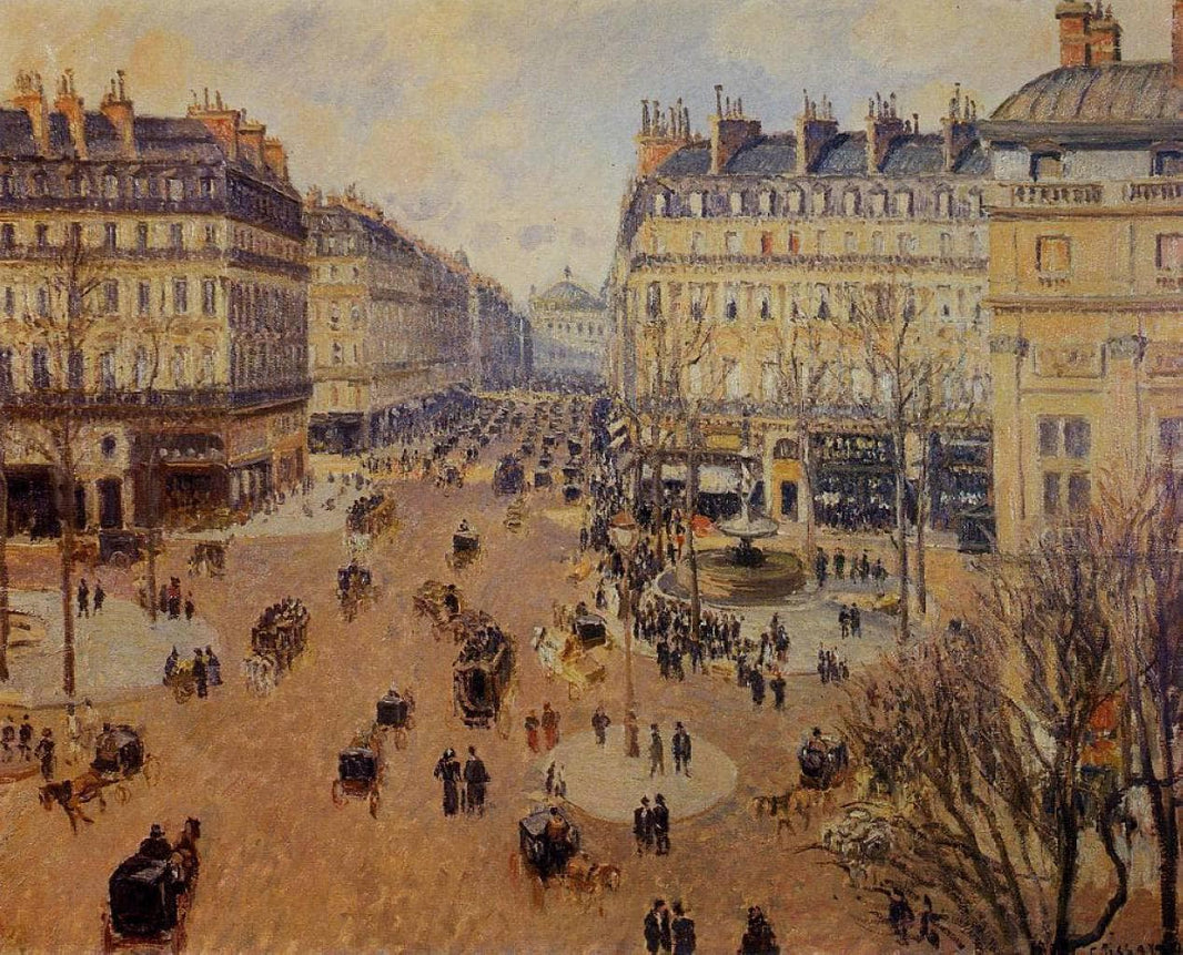 Place du Theatre Francais, Afternoon Sun in Winter by Camille Pissarro — hand-painted architectural oil painting reproduction on canvas