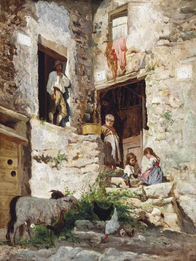 Playing on the steps of an Italian villa by Aurelio Tiratelli — oil painting reproduction