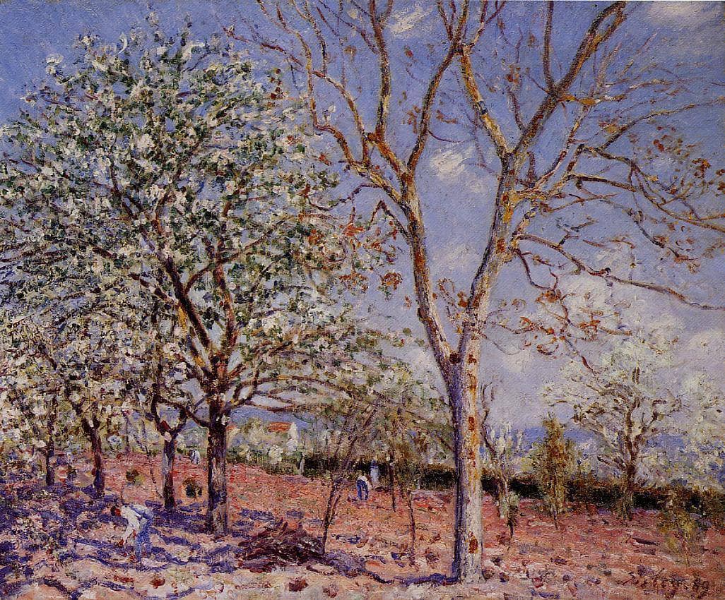 Plum and Walnut Trees in Spring by Alfred Sisley — hand-painted botanical oil painting reproduction on canvas