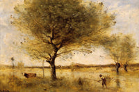 Pond with a Large Tree by Camille Corot — hand-painted animal oil painting reproduction on canvas