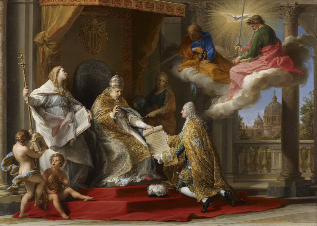 Pope Benedict XIV Presenting the Encyclical 'Ex Omnibus' to the Comte De Stainville, Later Duc De Choiseul by Pompeo Batoni — hand-painted cultural oil painting reproduction on canvas
