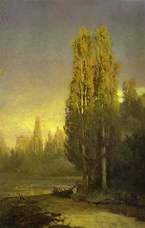 Poplars Lit by the Sun by Fyodor Vasilyev — hand-painted botanical oil painting reproduction on canvas