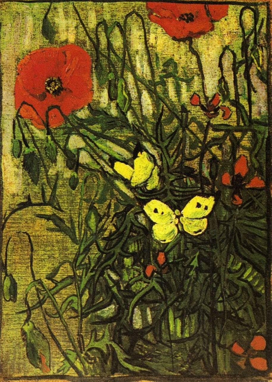 Poppies and Butterflies by Vincent van Gogh — hand-painted botanical oil painting reproduction on canvas