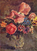 Poppies, roses, cornflowers and other flowers in a glass vase by Ilya Mashkov — hand-painted botanical oil painting reproduction on canvas