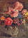 Poppies, roses, cornflowers and other flowers in a glass vase in entryway