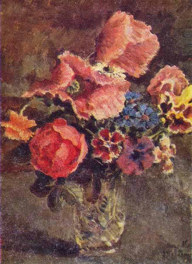 Poppies, roses, cornflowers and other flowers in a glass vase by Ilya Mashkov — hand-painted botanical oil painting reproduction on canvas