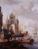 Port méditerranéen : vue d'une porte monumentale - Partie d'un ensemble de peintures by Abraham Storck — hand-painted architectural oil painting reproduction on canvas