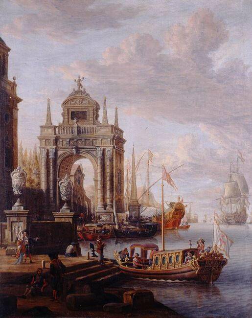 Port méditerranéen : vue d'une porte monumentale - Partie d'un ensemble de peintures - Abraham Storck