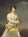 Portrait d'Amélie-Justine Laidin de la Bouterie, née Pontois, tenant un chapeau rempli de fleurs in bedroom