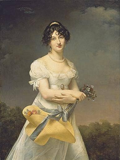 Portrait d'Amélie-Justine Laidin de la Bouterie, née Pontois, tenant un chapeau rempli de fleurs in study