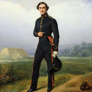 Alexandre Legros in gunner's uniform in a haystack landscape