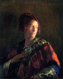 Portrait in Red and Gold of Miss Pearson by Joseph DeCamp — female oil painting wall art, Realism