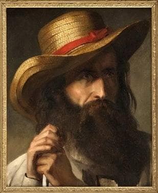 Portrait of a bearded gentleman in a straw hat leaning on a staff by Jean Victor Schnetz — hand-painted portrait oil painting reproduction on canvas