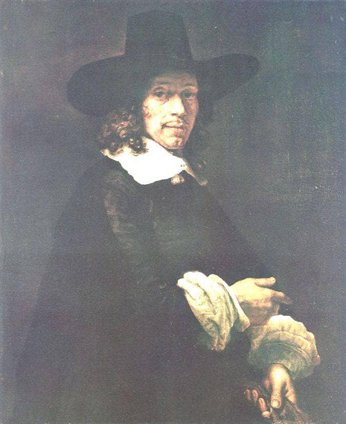 Portrait of a Gentleman with a Tall Hat and Gloves by Rembrandt — hand-painted portrait oil painting reproduction on canvas