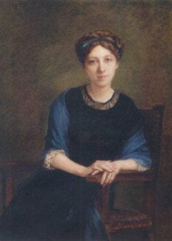 Portrait of a lady (Alice Dorchy?), seated, wearing a blue dress and blue head-band