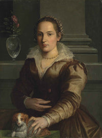 Portrait of a Lady in a Rust Dress with a Small Dog