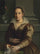 Portrait of a Lady in a Rust Dress with a Small Dog in master bedroom