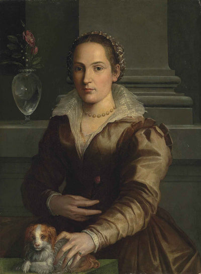 Portrait of a Lady in a Rust Dress with a Small Dog in dining room