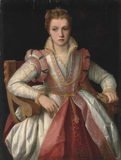 Portrait of a Lady in a White Dress Trimmed in Pink in home office