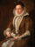 Portrait of a lady with a dog in dining room