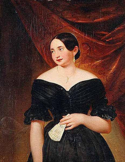 Portrait of a lady with a fan in hallway