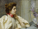 Portrait of a Lady with a Red Scarf by Paul Émile Chabas — female oil painting wall art, Art Nouveau Modern