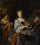 Portrait of a Lady with Her Dog and a Maid in kitchen