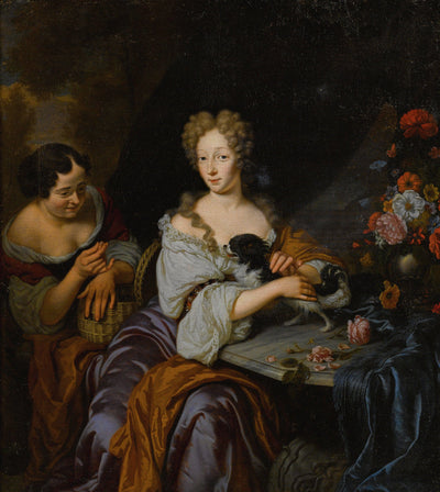 Portrait of a Lady with Her Dog and a Maid by Michiel van Musscher — oil painting reproduction